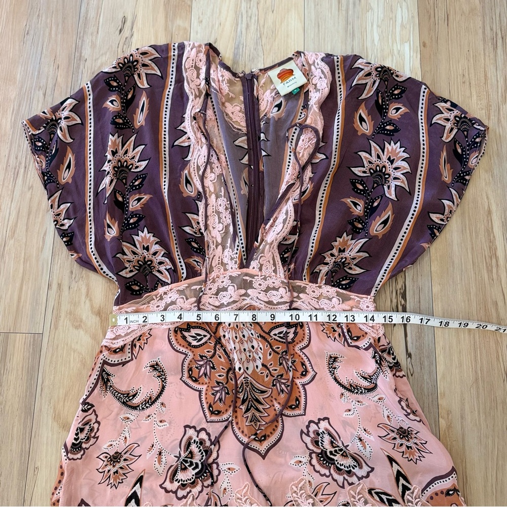 FARM Rio Glam Tapestry Burgundy Laces Short Sleeve Maxi Dress - Picture 12 of 13